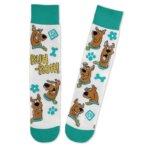 Socks with cartoon character design and text on a white background