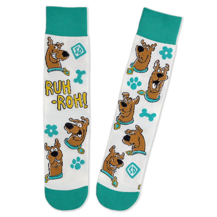 Socks with cartoon character design and text on a white background