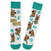 Socks with cartoon character design and text on a white background