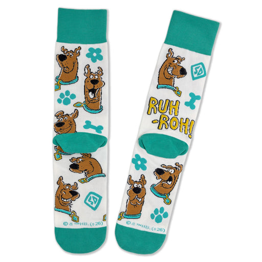 Socks with cartoon dog design and 'Ruh-Roh!' text on a white background