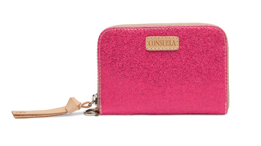 Pink wallet with a visible brand logo on a white background