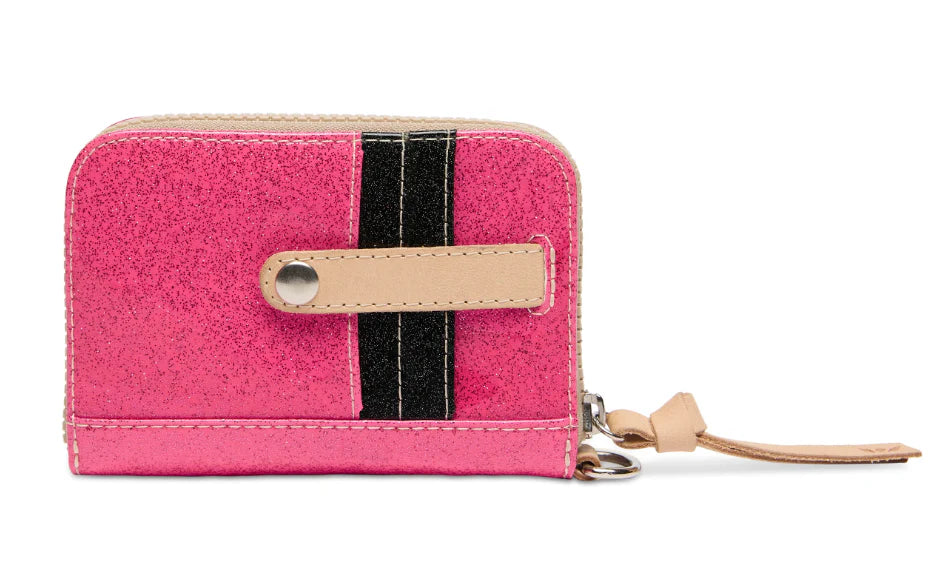 Pink wallet with a black stripe and beige strap on a white background