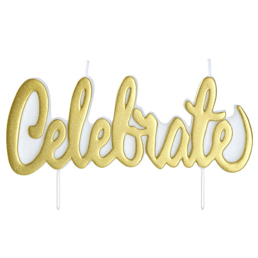 Gold 'Celebrate' candles on white background