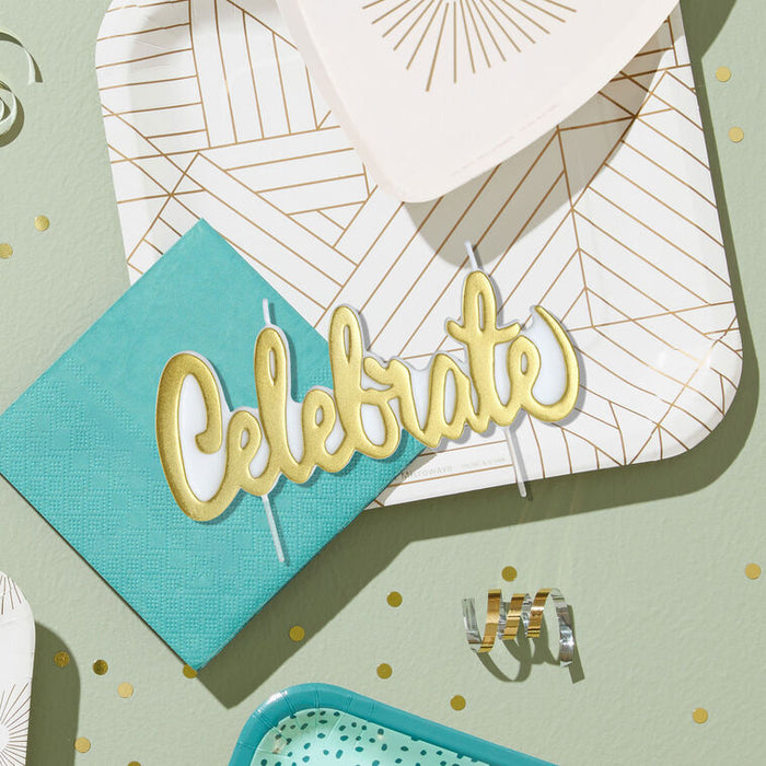 Decorative card with 'Celebrate' text, teal envelope, and geometric design on a light green background.