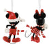 A pair of Mickey and Minnie Mouse Christmas ornaments shown from opposite sides on a plain white background. One ornament depicts Mickey wearing a red Santa hat and red outfit with a red-and-white striped scarf, and the other depicts Minnie wearing a red polka-dot dress, red-and-white striped scarf, and red glittery bow.