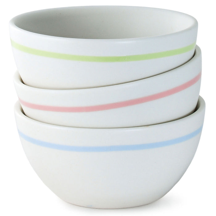 Set of four ceramic bowls with colorful stripes on a white background