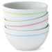 Set of four ceramic bowls with colorful stripes on a white background