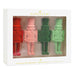 Set of four Christmas tree ornaments in red, pink, green, and blue packaging with 'Signature' branding.