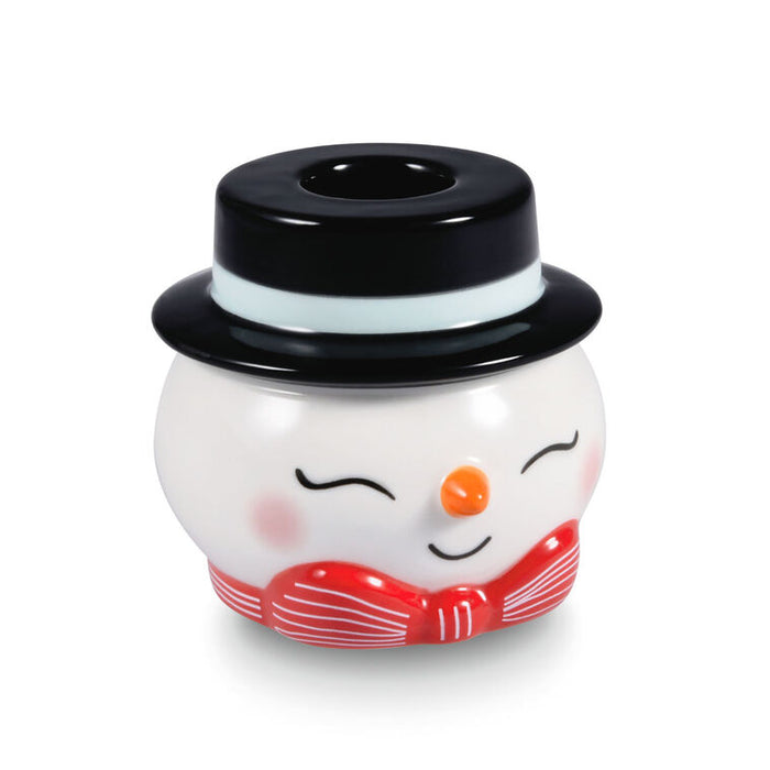 Snowman-shaped candle holder with a black top hat on a white background