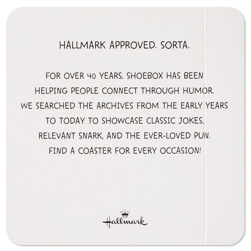 Hallmark coaster with text about their 40-year history and joke collection.
