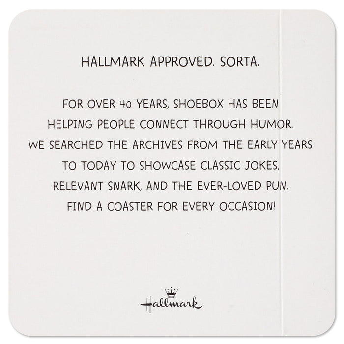 Hallmark coaster with text about their 40-year history and joke collection.