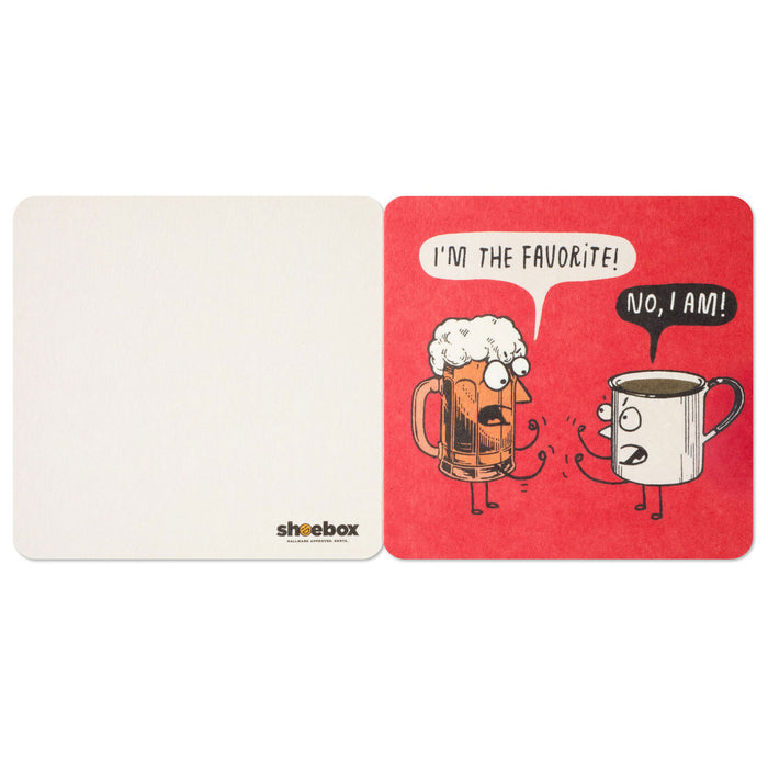 Two cartoon mugs with a beer and a cup, one saying 'I'm the favorite!' and the other responding 'No, I am!' on a red background.