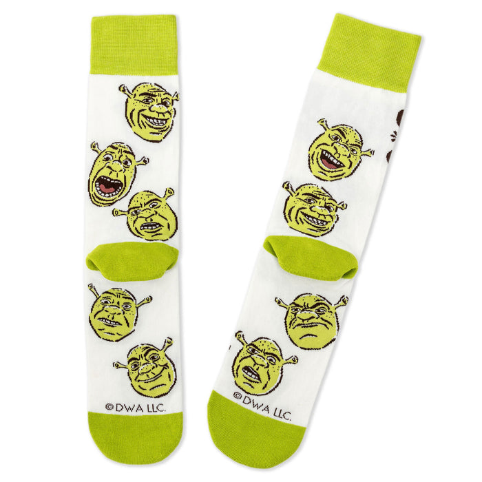 Pair of socks with Shrek face designs on a white background