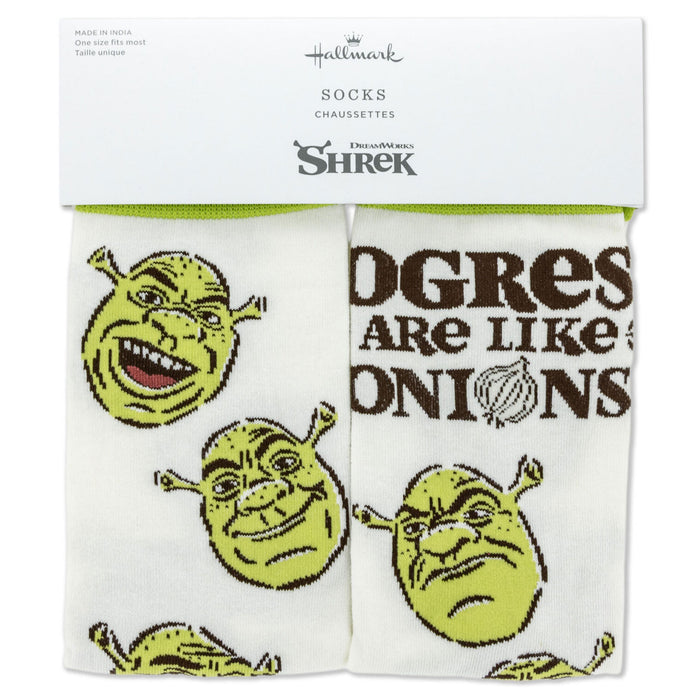 Shrek socks with faces and text 'Dregres are like onions' on a white background
