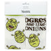 Shrek socks with faces and text 'Dregres are like onions' on a white background