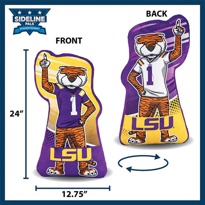 LSU mascot pillow with front and back views, dimensions, and 'Sideline Pals' branding.