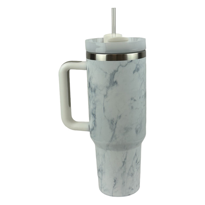 40oz Handle Travel Tumbler - Silver Marble with Gray Accents