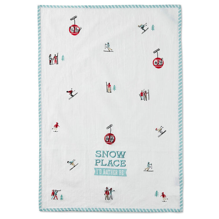 Textile with skiing and cable car designs and 'Snow Place' branding on a white background