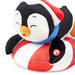 Plush penguin toy with a Santa hat and candy cane on a white background