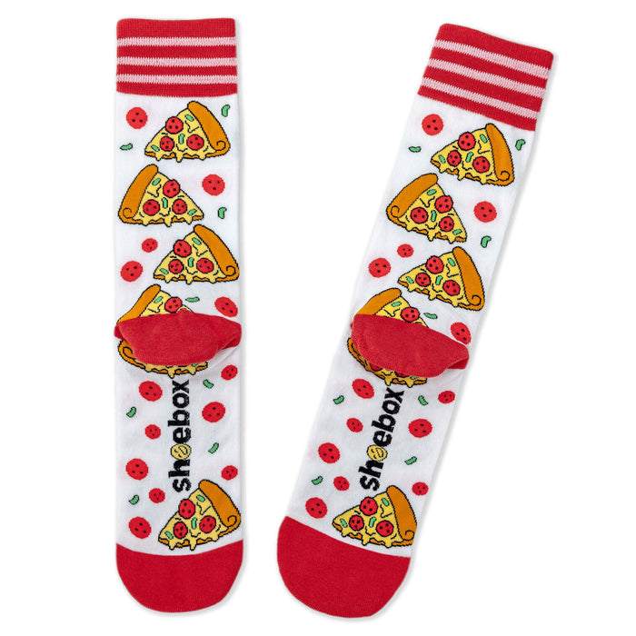 Two socks with pizza design and red accents on a white background