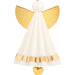 Decorative angel figure with gold wings and skirt on a white background