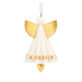 Decorative angel ornament with gold wings and a heart on a white background