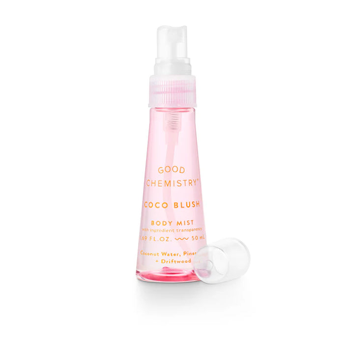 Pink bottle of Good Chemistry Coco Blush Body Mist on a white background