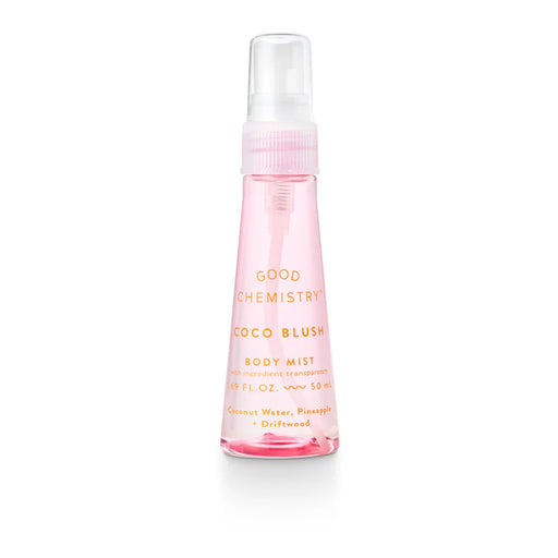 Pink body mist bottle labeled 'Good Chemistry Coco Blush' on a white background