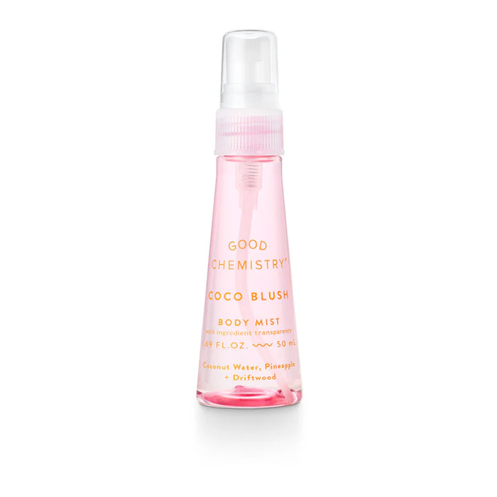 Pink body mist bottle labeled 'Good Chemistry Coco Blush' on a white background