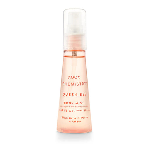 Body mist bottle labeled 'Good Chemistry Queen Bee' on a white background