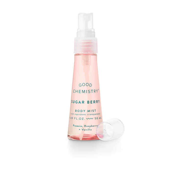 Good Chemistry Sugar Berry body mist bottle on a white background