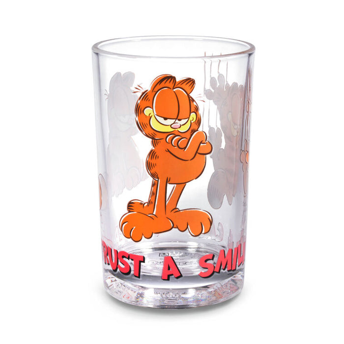 Clear glass with Garfield the cat design and text on a white background
