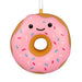 A pink frosted donut-shaped hanging ornament with a cute smiling face and multicolored sprinkles, shown on a plain white background.