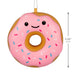 A pink frosted donut-shaped hanging ornament with a smiling face and multicolored sprinkles, shown on a white background with a vertical height measurement marker of 3.25 inches (8 cm) on the right side.