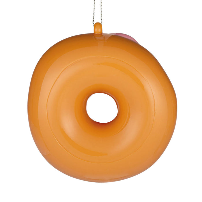 An orange donut-shaped hanging ornament or plush toy with a glossy finish and a silver hanging string, shown against a plain white background.