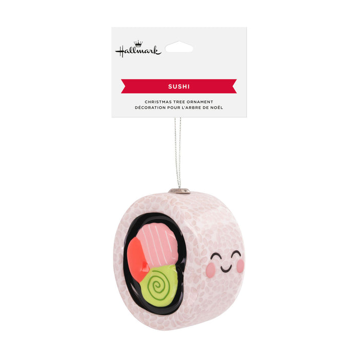 Sushi-shaped Christmas tree ornament with a smiling face on a white background, featuring the Hallmark brand.