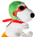 A plush toy of Snoopy dressed as a superhero, wearing a green helmet, orange mask, red scarf, and yellow shorts, set against a plain white background.