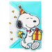 Snoopy birthday card with a gift and party hat on a blue background