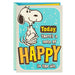 Greeting card with Snoopy holding a sign saying 'Today, there's a note of happy in the air.'