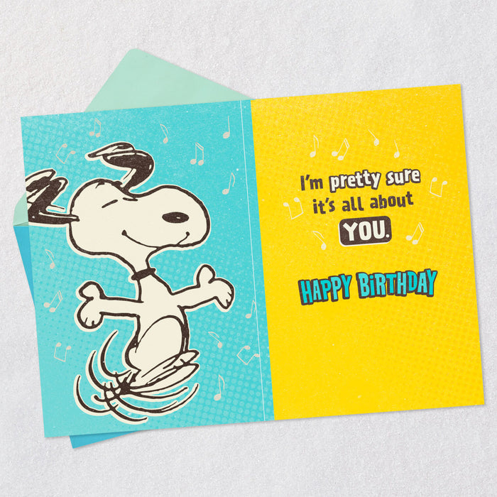 Birthday card with Snoopy dancing on a blue and yellow background