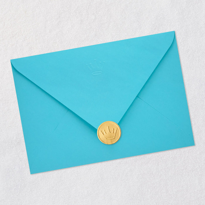 Blue envelope with a gold seal on a light gray background