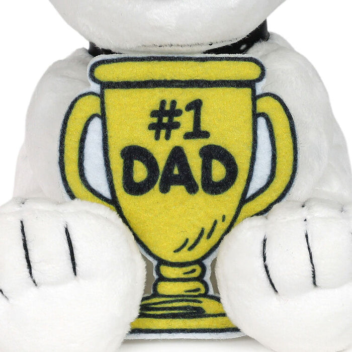 Plush toy with a '#1 Dad' trophy on a white background