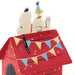 Red doghouse with cartoon dog and cat inside, decorated with colorful flags on a white background