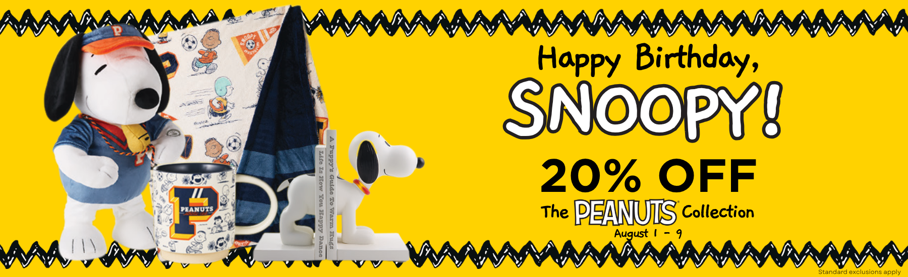 A promotional banner for The Peanuts Collection featuring Snoopy and Woodstock on a bright yellow background with text reading 'Happy Birthday, SNOOPY! 20% OFF The PEANUTS Collection.'.