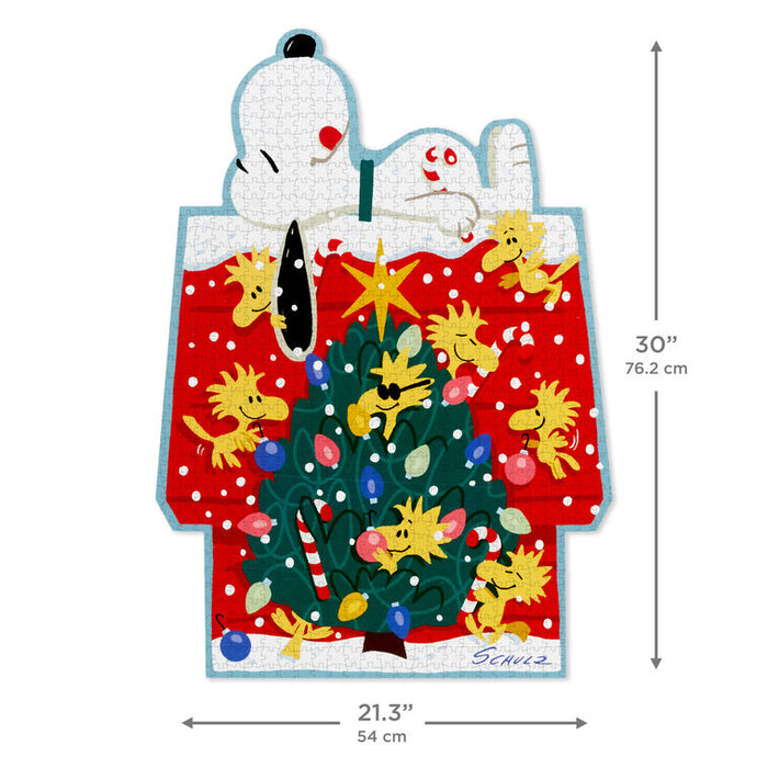 Decorative wall hanging with Snoopy and Woodstock by a Christmas tree, featuring dimensions.