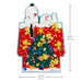 Decorative wall hanging with Snoopy and Woodstock by a Christmas tree, featuring dimensions.