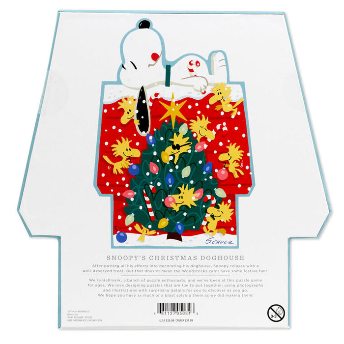 Snoopy Christmas-themed product packaging with a tree and doghouse design.