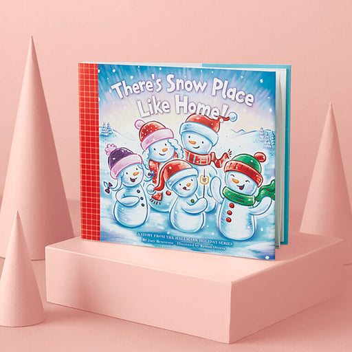 Children's book titled 'There's Snow Place Like Home' with snowmen on a pink background