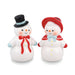 Two snowman figurines with top hats and scarves on a white background