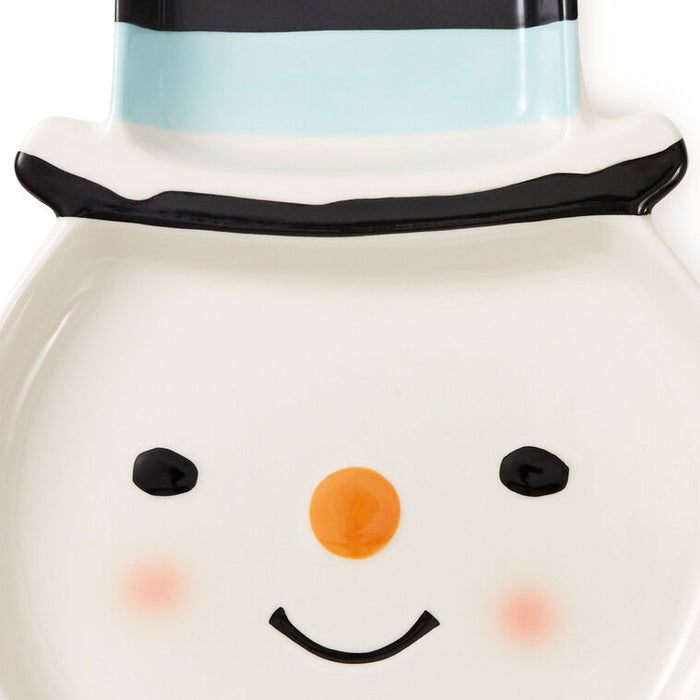 Close-up of a snowman with a black top hat, orange nose, and black eyes on a white background.